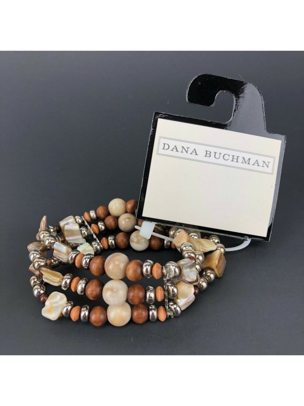 Dana Buchman Bracelet Silver Tone Beaded Wood & Mother of Pearl #1460